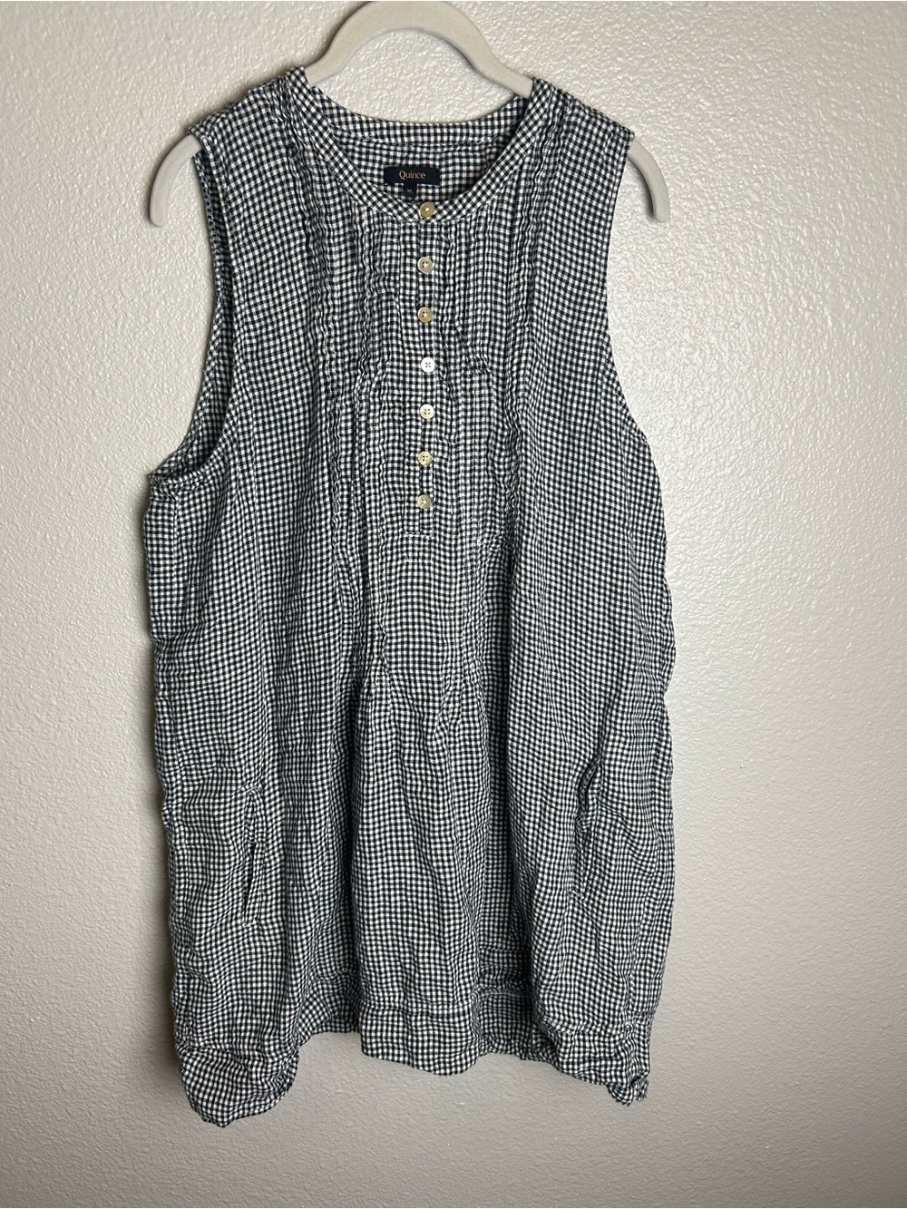 Quince Midi Swing Dress 100% European Linen Size XL Black-White Gingham